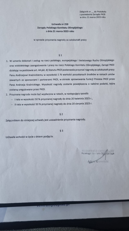 Uchwała Zarządu PKOl z dnia 21 marca 2023 r. o przyznaniu odchodzącemu prezesowi Andrzejowi Kraśnickiemu specjalnej nagrody  