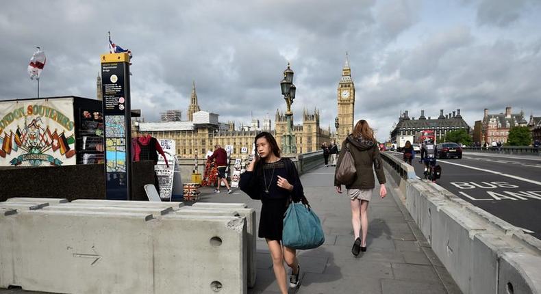 Newly installed barriers on Westminster Bridge in London on Monday. A car drove into pedestrians on the bridge on March 22 in a terrorist attack. 