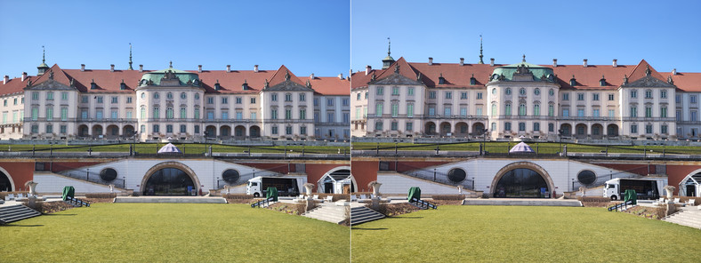 Porównanie zdjęć tele 2x - wykonanego w trybie 50 Mpix (po lewej) oraz interpolowanego do tej samej rozdzielczości kadru standardowego, wykonanego w automatycznym trybie Zdjęcie (kliknij, aby powiększyć) 