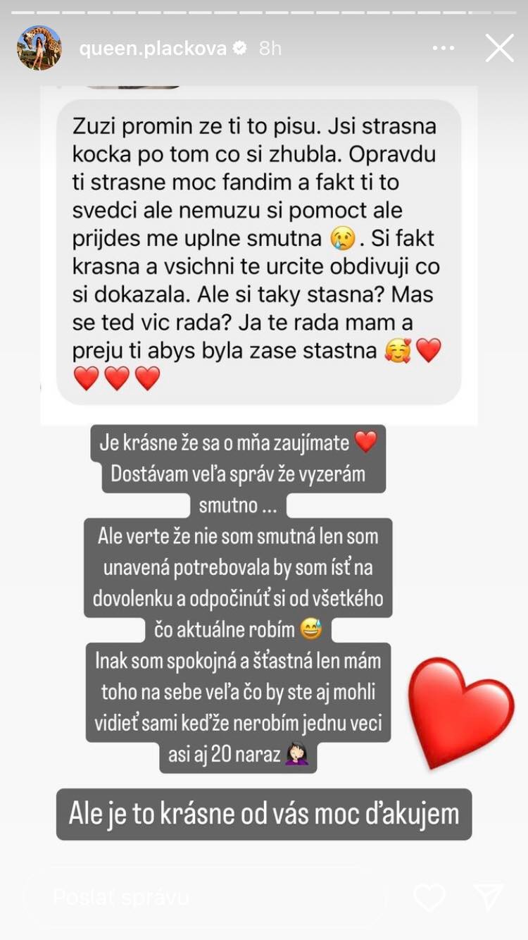 Plačková reagovala na správu od sledovateľky.