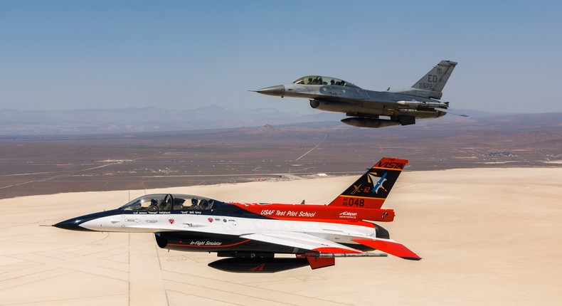 Secretary of the Air Force Frank Kendall flies in an X-62A VISTA in the skies above Edwards Air Force Base, Calif., May 2, 2024.US Air Force photo by Richard Gonzales