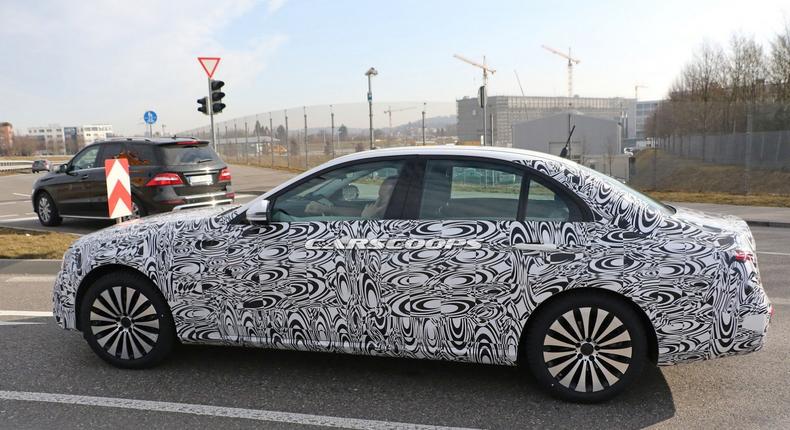 2017 Mercedes Benz E-Class sedan still wearing camouflage.