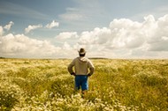 Man on field of wild flowers, Sarsy village, Sverdlovsk region, Russia