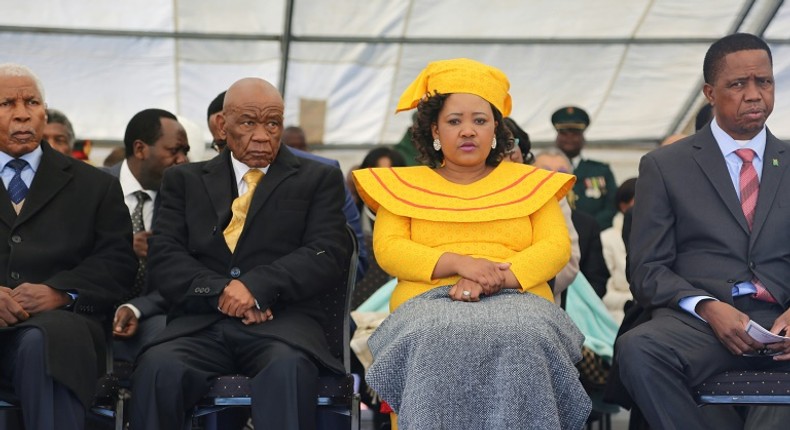 Prime Minister Thomas Thabane and Maesaiah Thabane, pictured alongside Zambian President Edgar Lungu, right, at Thabane's inauguration, two days after the murder of the premier's estranged wife