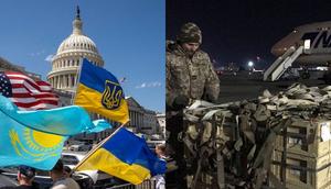 L: Demonstrators holdUkrainian flags outside the Capitol after the House of Representatives voted on legislation providing $95 billion in security assistance to Ukraine, Israel, and Taiwan at Capitol Hill, April 20, 2024. R: US military aid delivered to Ukraine, is unloaded from a plane at the Boryspil International Airport outside Kyiv, Ukraine, February 13, 2022.REUTERS