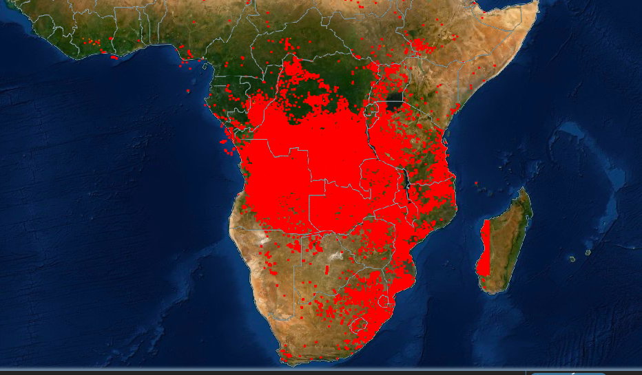 Mapa pożarowa w środkowej Afryce