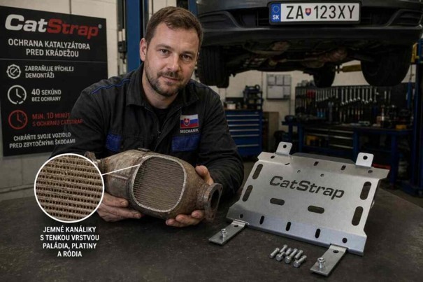 Slovenský mechanik v autoservise drží v rukách originálny katalyzátor s rozrezaným keramickým jadrom, v ktorom sú jasne viditeľné jemné kanáliky napustené tenkou vrstvou paládia, platiny a ródia.&nbsp;Vedľa neho na pracovnom stole leží ochranný kovový plech CatStrap s priskrutkovacími úchytmi, ktorý sa montuje pod podlahu vozidla a predlžuje čas potrebný na nelegálnu demontáž z 40 sekúnd na minimálne desať minút. 