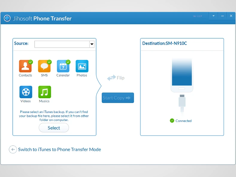 Główne okno programu do synchronizacji smartphonów - Jihosoft Phone Transfer