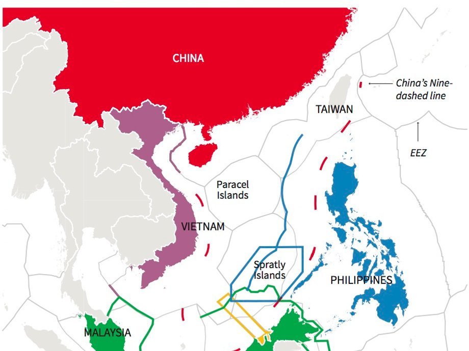 A map showing the overlapping claims in the South China Sea.