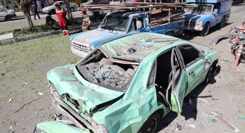 The aftermath of a suicide car bombing in front of a police station in the Iranian city of Chabahar on December 06, 2018