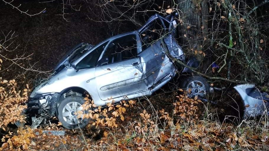 Samochód zjechał z drogi i uderzył w drzewo, foto: Grzegorz Sajkowski, Jakub Raniowski