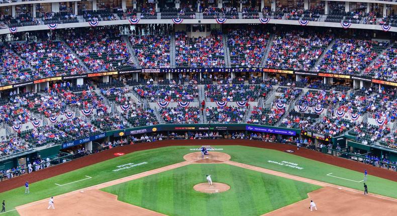 Apr 5, 2021; Arlington, Texas, USA; A view of the field and the stands and the fans during the game between the Texas Rangers and the Toronto Blue Jays at Globe Life Field.

