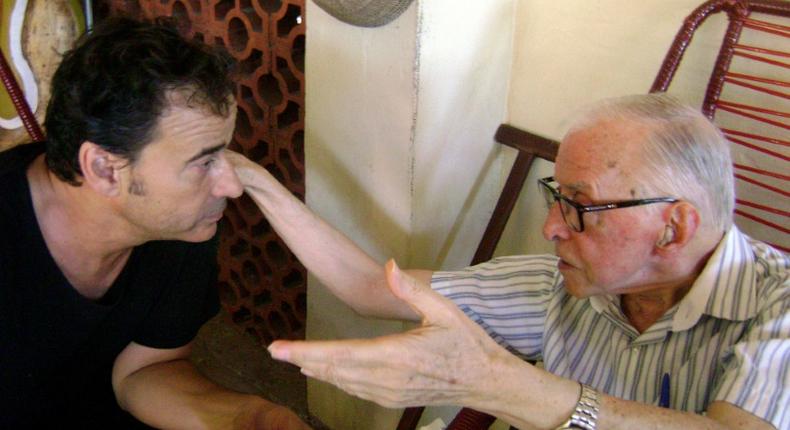 Spanish bishop Pedro Casaldaliga, shown here speaking to actor Eduard Fernandes in an undated photo released by Minoria Absoluta Productions, has died aged 92 in Brazil