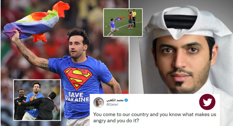 A Qatari journalist triggers reactions on social media after slamming a World Cup pitch invader over rainbow flag and controversial T-shirt