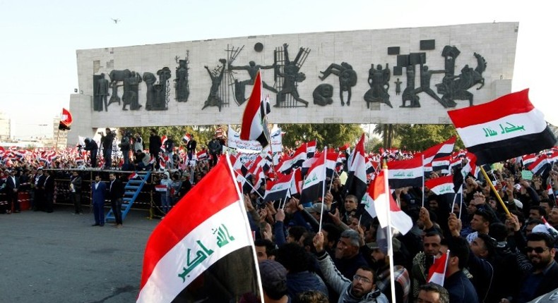 Iraqi supporters of the Sadrist movement demonstrate in Baghdad's Tahrir Square on February 11, 2017