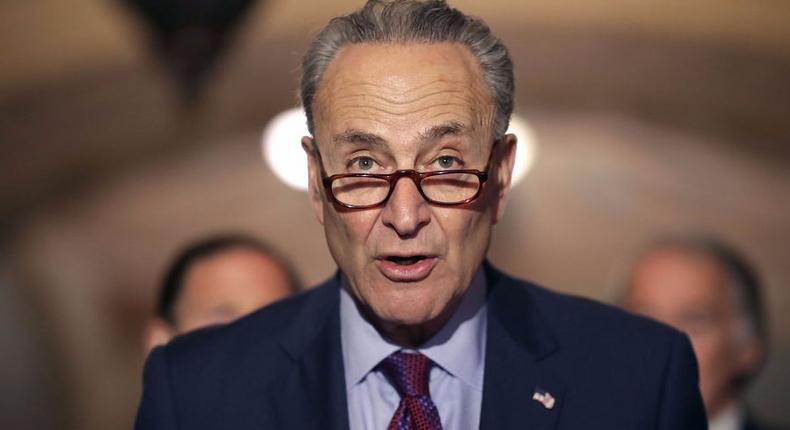 Senate Minority Leader Charles Schumer (D-NY) talks to reporters following his party's weekly policy luncheon at the U.S. Capitol May 16, 2017 in Washington, DC.