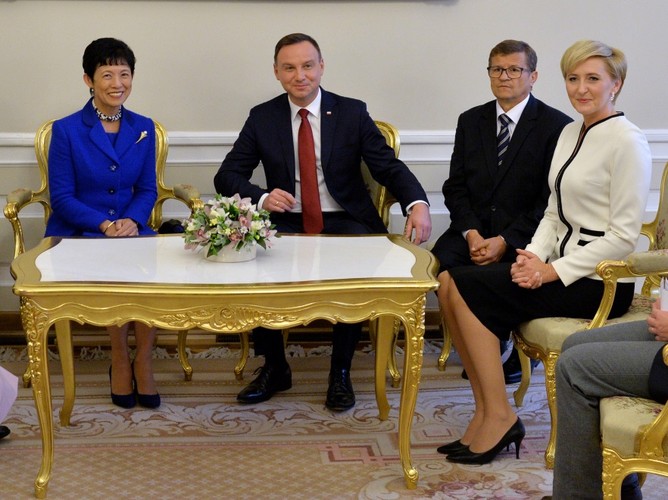 Księżna Hisako Takamado oraz Andrzej Duda z żoną Agatą