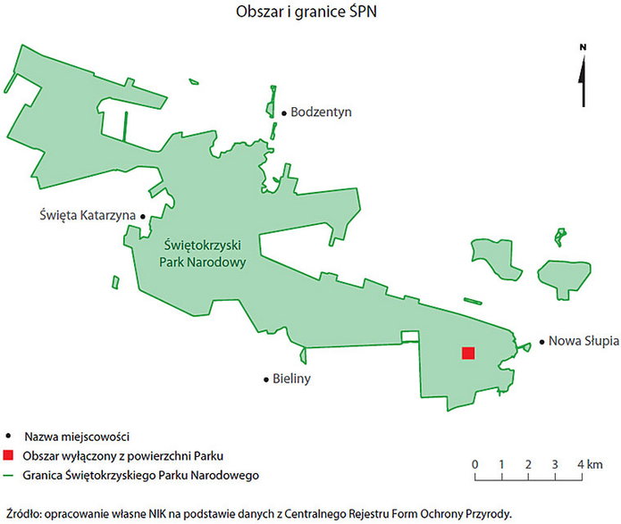 Obszar Świętokrzyskiego Parku Narodowego wraz z wykreślonym terenem (na czerwono)