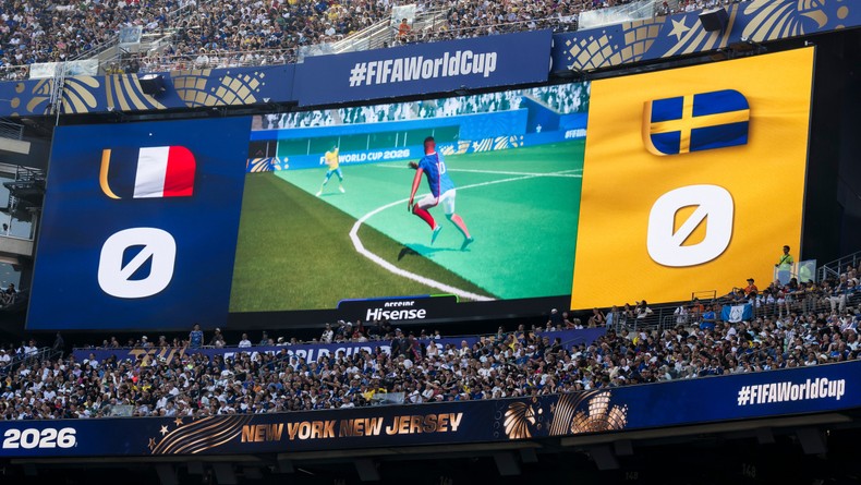 France's Kylian Mbapp is shown offside by semi-automated offside technology.Nicol Campo/LightRocket via Getty Images