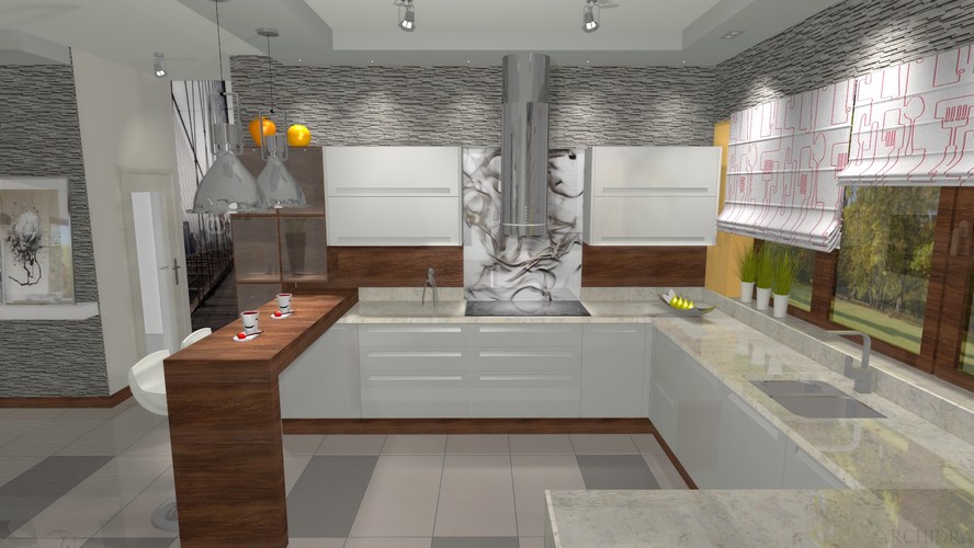 Szafki kuchenne są ustawione pod każdą ścianą