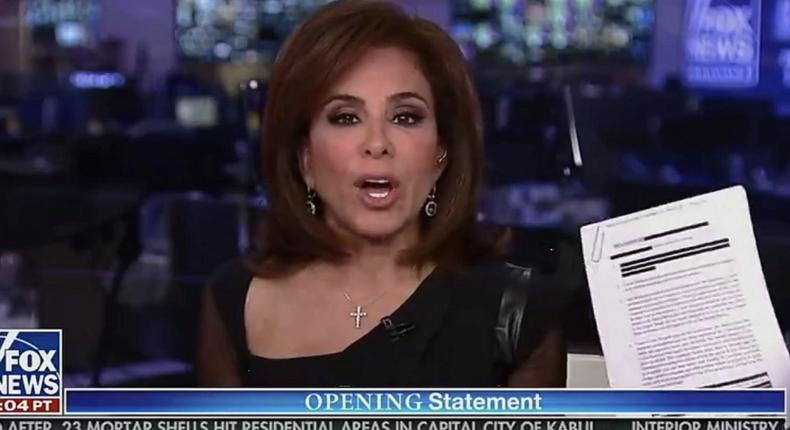 A screenshot of a Fox News broadcast featuring Jeanine Pirro, included as an exhibit in Fox News's motion to dismiss the case.