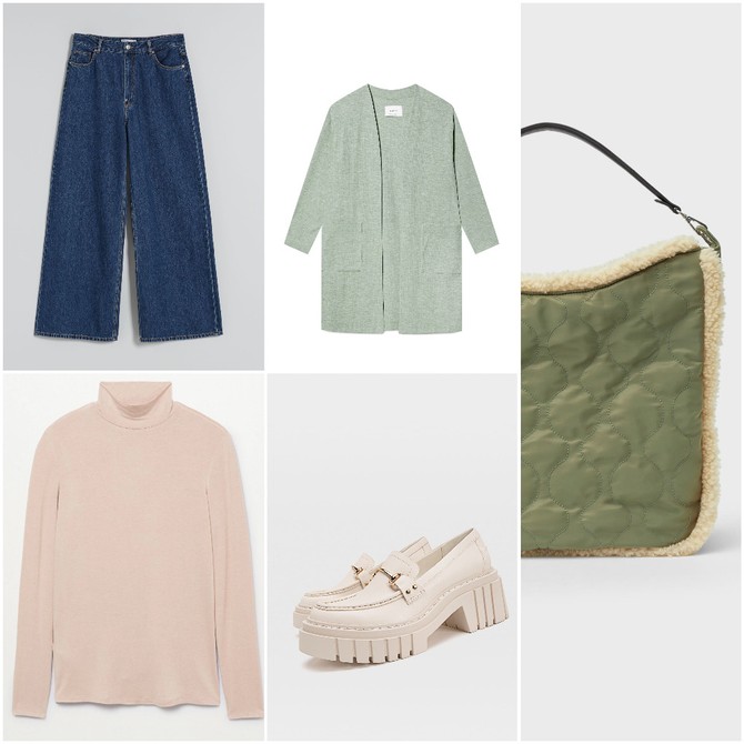Kardigan, tašna i mokasine „Stradivarius“, rolka „Mango“, farmerke „Bershka“