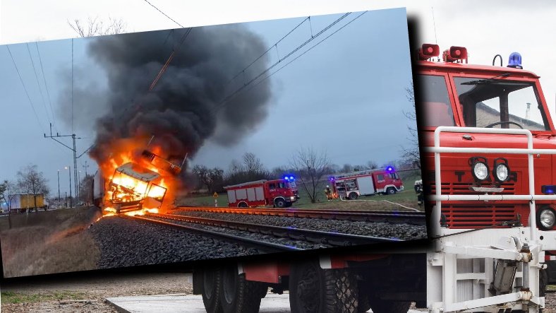 Wypadek na przejeździe. Płonie ciężarówka [WIDEO] Źródło: facebook.com/Trzemeszno24info