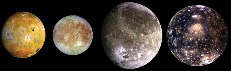 Księżyce Galileuszowe - kolejno od najbliższego Jowiszowi, Io, Europa, Ganimedes i Callisto
