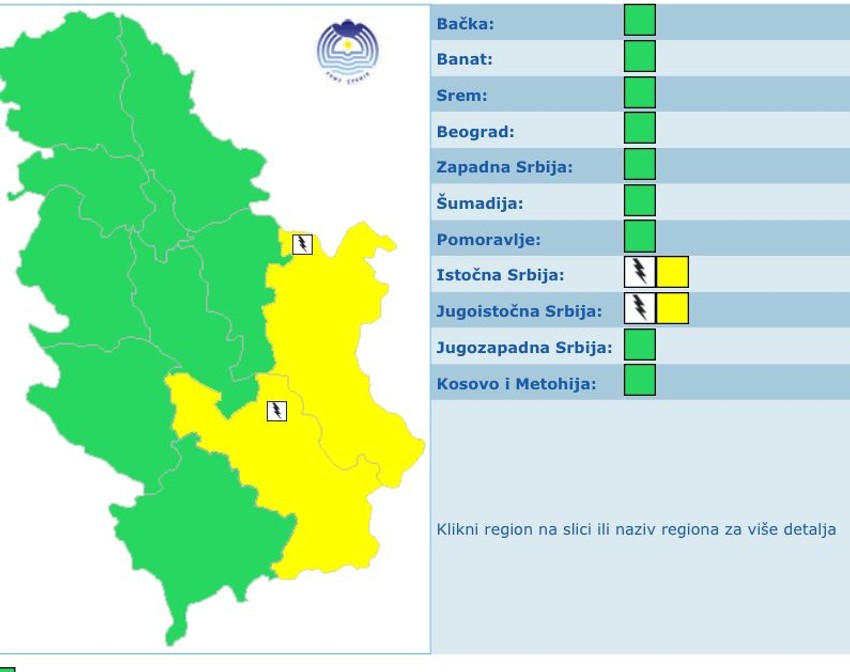 Žuti meteoalarm aktiviran u tri oblasti u Srbiji