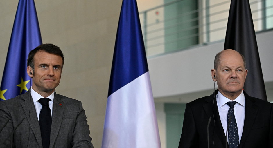 Prezydent Francji Emmanuel Macron i kanclerz Niemiec Olaf Scholz na konferencji prasowej w Berlinie, 15 marca 2024 r.