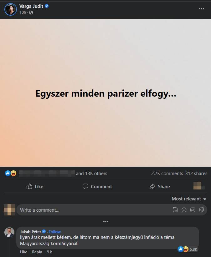 Jakab Péter egy hozzászólásban vágott vissza Varga Juditnak / Fotó: Screenshot/Facebook