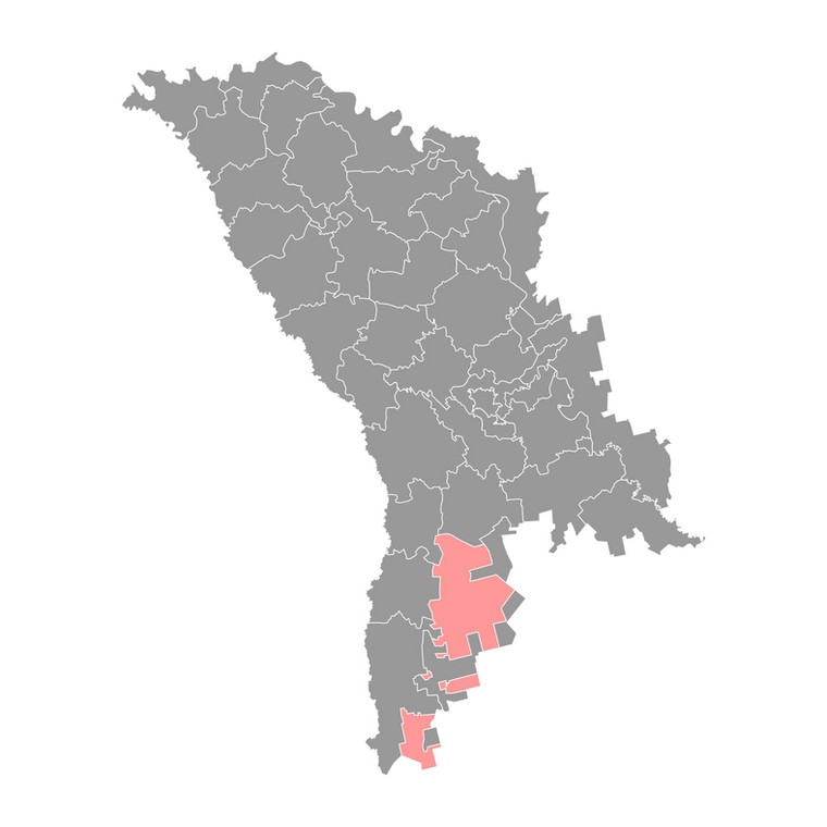 Obszar Gagauzji (różowy kolor) na tle mapy Mołdawii