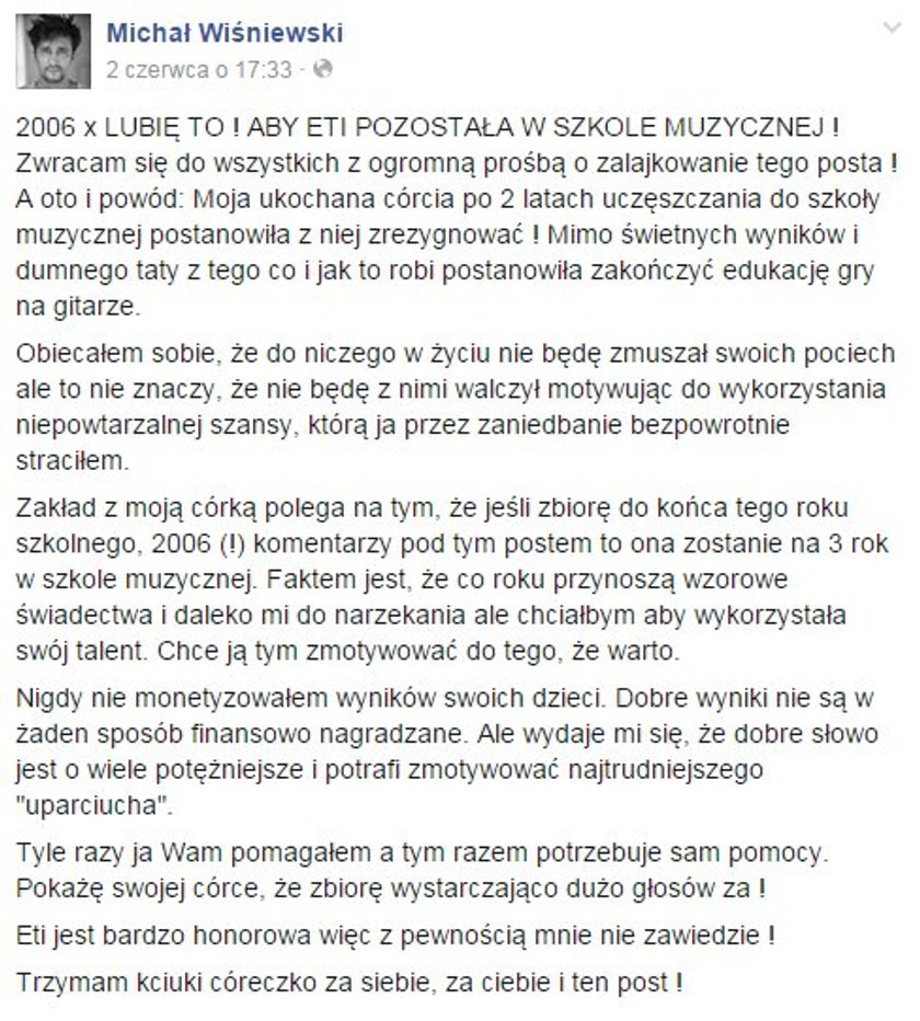 Apel Michała Wiśniewskiego na facebooku