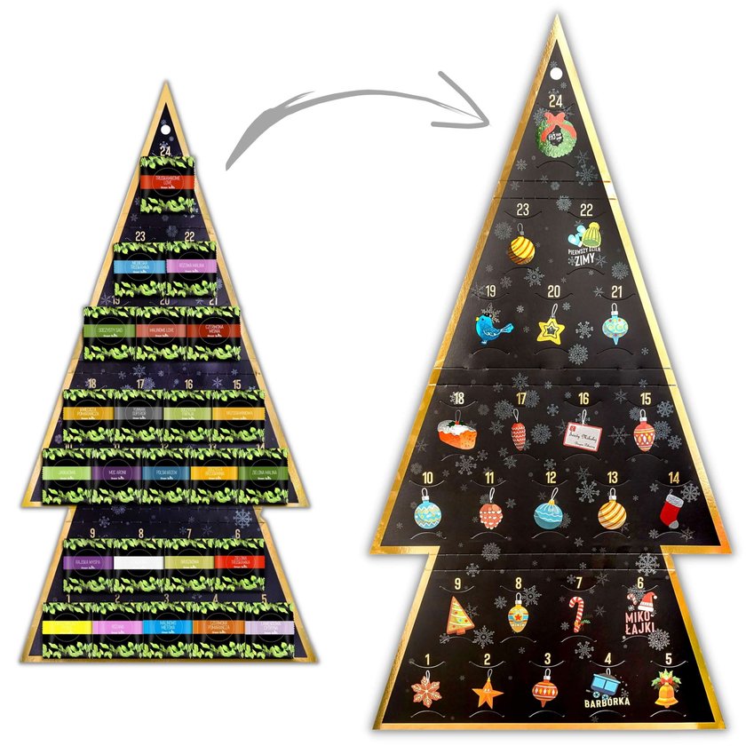 Kalendarz adwentowy z herbatami. Zestaw zawiera 24 saszetki z różnymi herbatami liściastymi. Saszetki umieszczone na wyjątkowym kalendarzu w kształcie choinki. Cena: 37,50 zł GreenTouch.pl