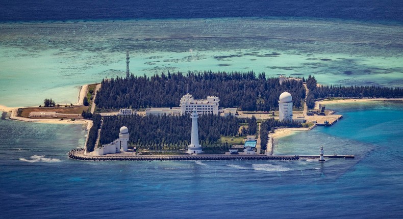 Structures on the artificial island built by China in Cuarteron Reef in the Spratly Islands, seen on October 25.Ezra Acayan/Getty Images