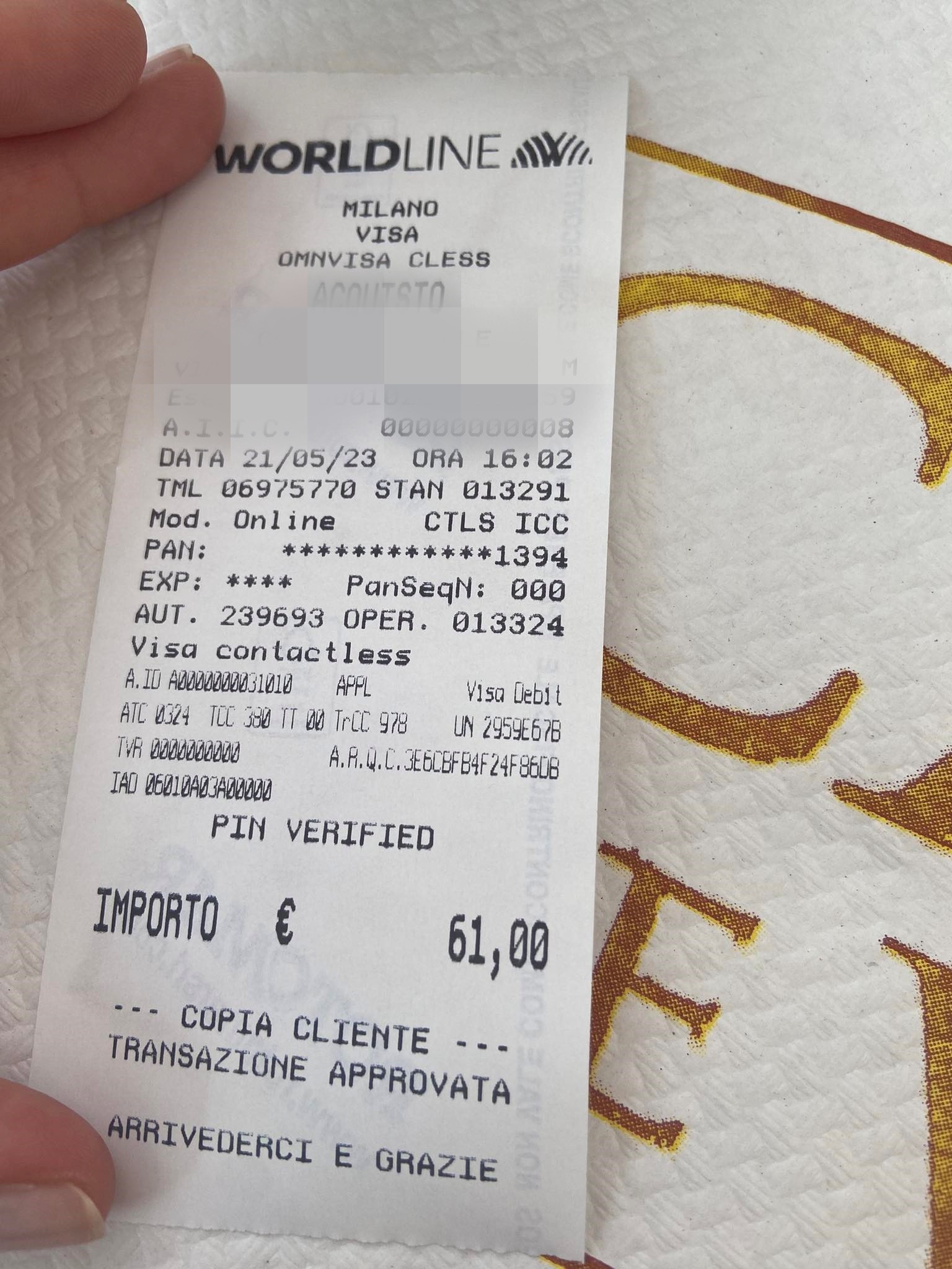 Čitateľka poslala účet z obedu v Miláne.