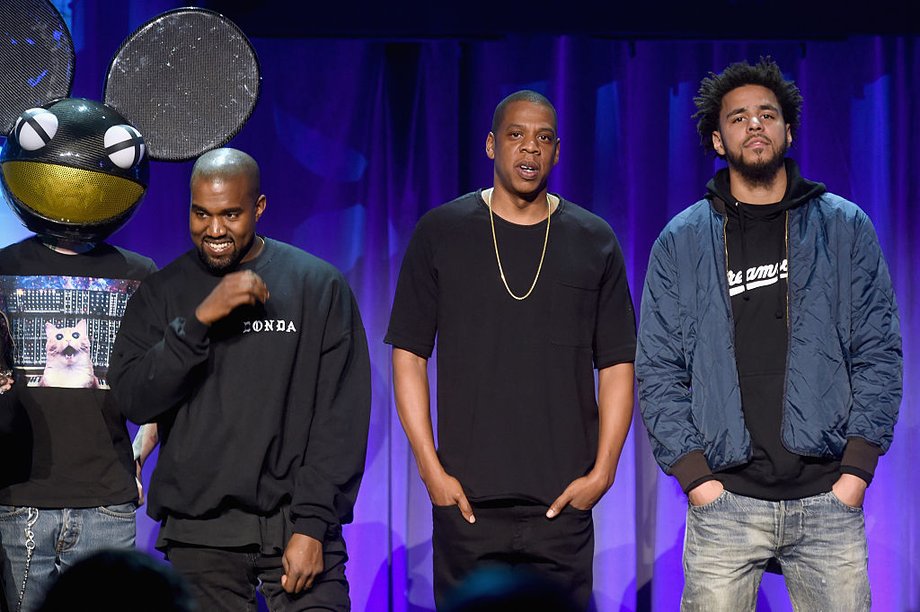 Deadmau5, Kanye West, Jay-Z, and J. Cole at the 2015 launch of Tidal.