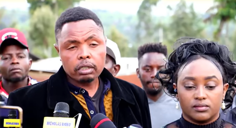 Jeff Mwathi's parents Ann Mwathi and Peter Ngugi during a poress breifing at their home in Likia, Njoro sub-county in Nakuru County on May 8, 2023