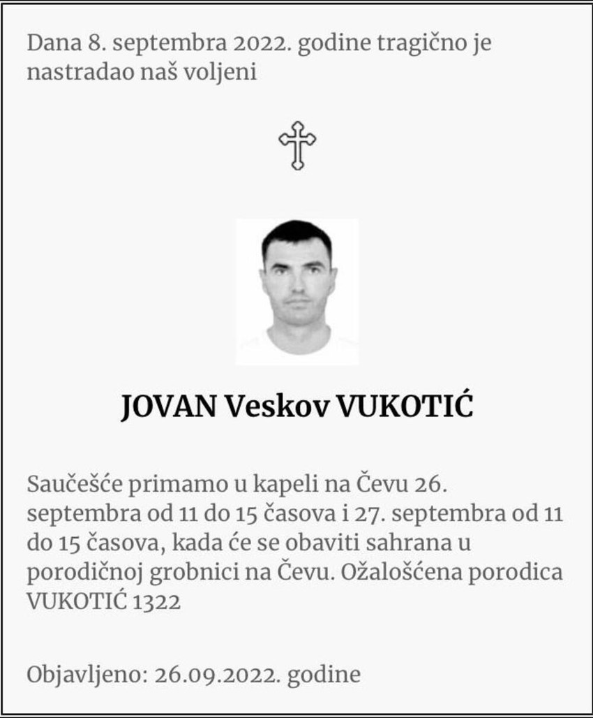 Čitulja Jovici Vukotiću