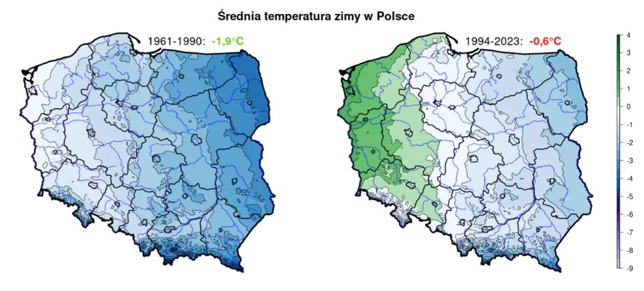 Mroźne zimy w Polsce odchodzą do przeszłości. Mapka dzięki uprzejmości serwisu naukaoklimacie.pl.