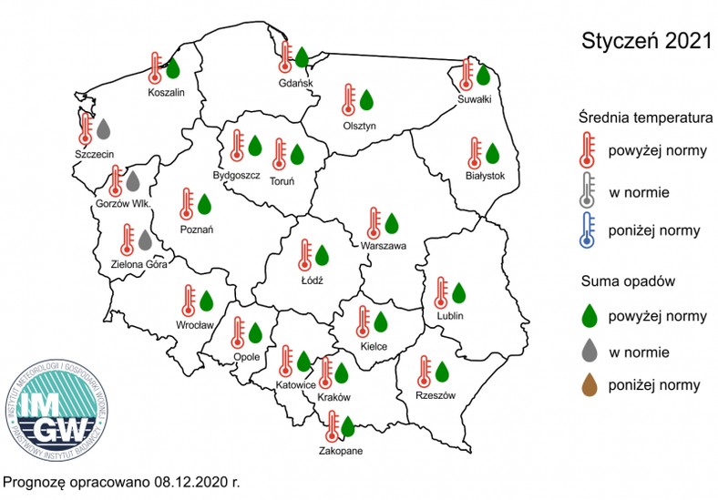 Opady i temperatura w styczniu, IMGW