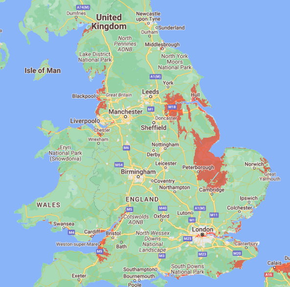 Wschodnie wybrzeże Wielkiej Brytanii znajduje się w strefie największego ryzyka podtopienia.