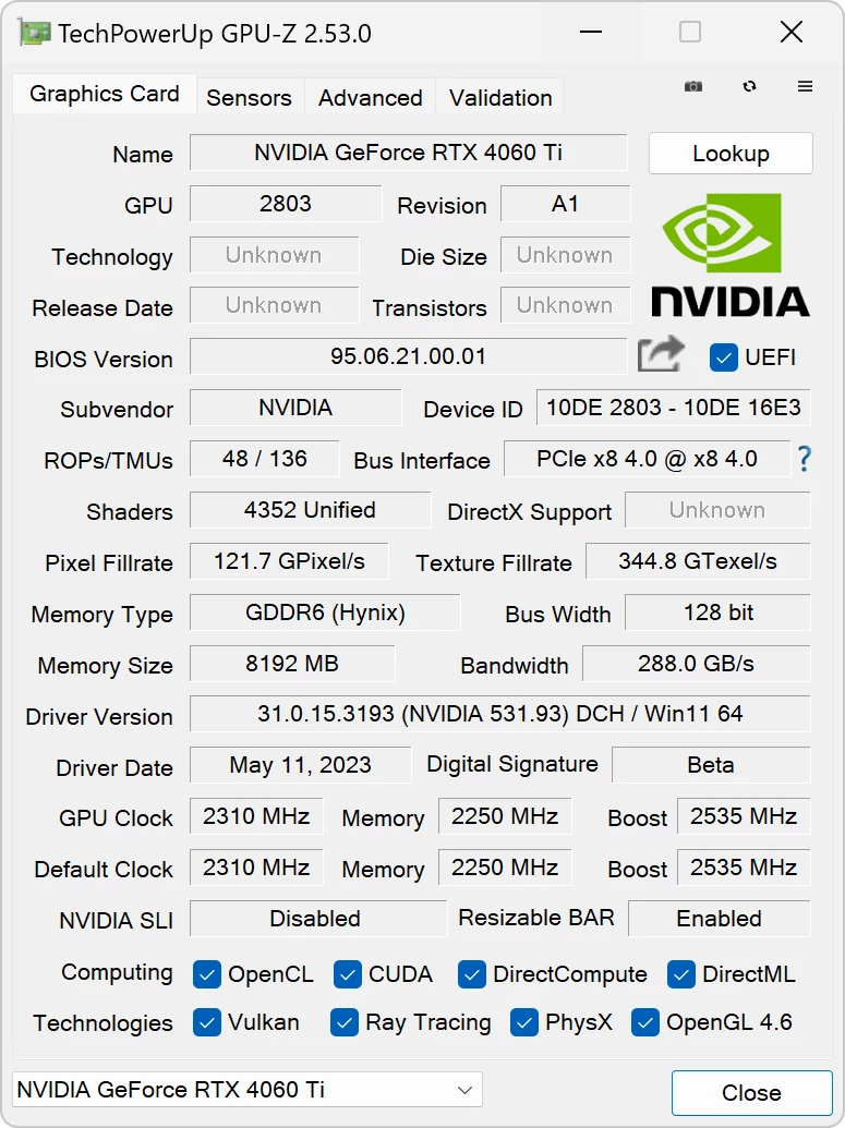 Nvidia GeForce RTX 4060 Ti (8 GB) Founders Edition – GPU-Z – specyfikacja