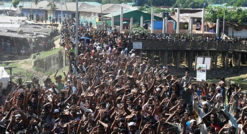 Rohingya refugees at a camp in Bangladesh protest against a programme to repatriate them to Mayanmar