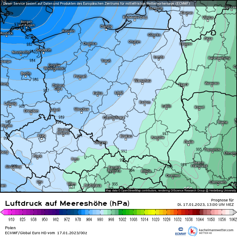 Ciśnienie atmosferyczne w Polsce dziś w południe