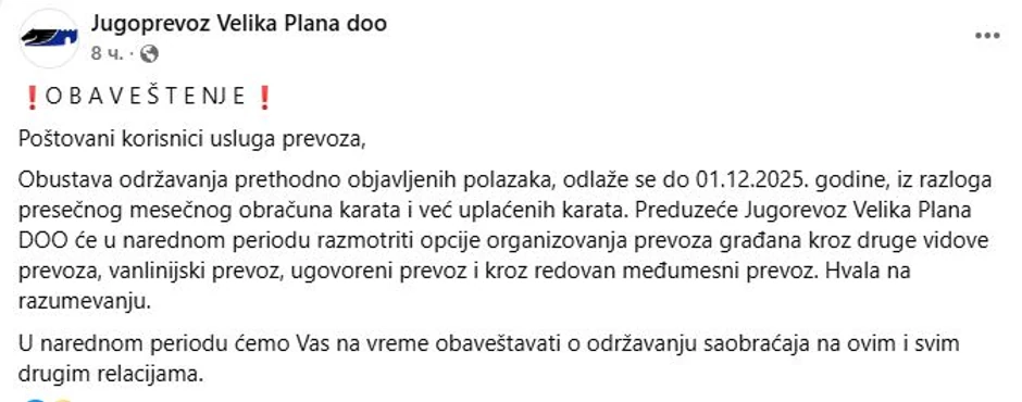 Obaveštenje "Jugoprevoza"