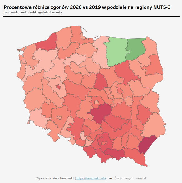 Mapa. Różnica zgonów 2020 i 2019 na podstawie danych Eurostatu