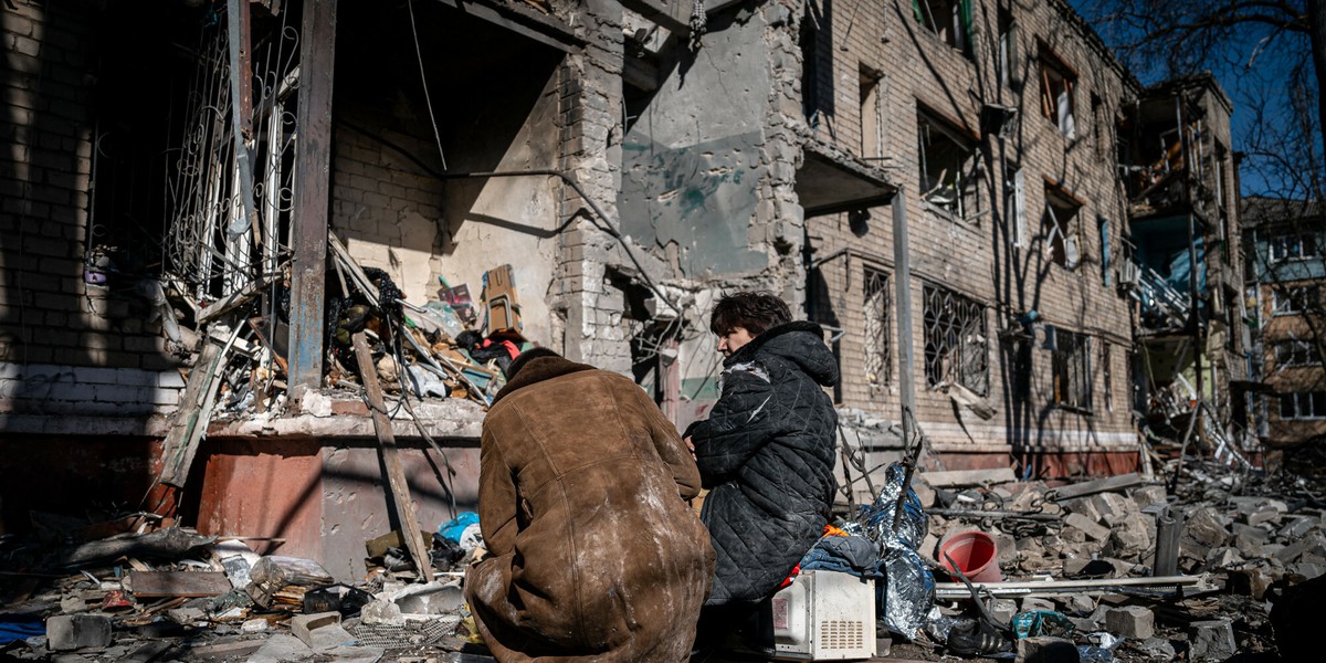 Centrum Kramatorska po rosyjskim ataku rakietowym. Ukraina, 14 marca 2023 r.