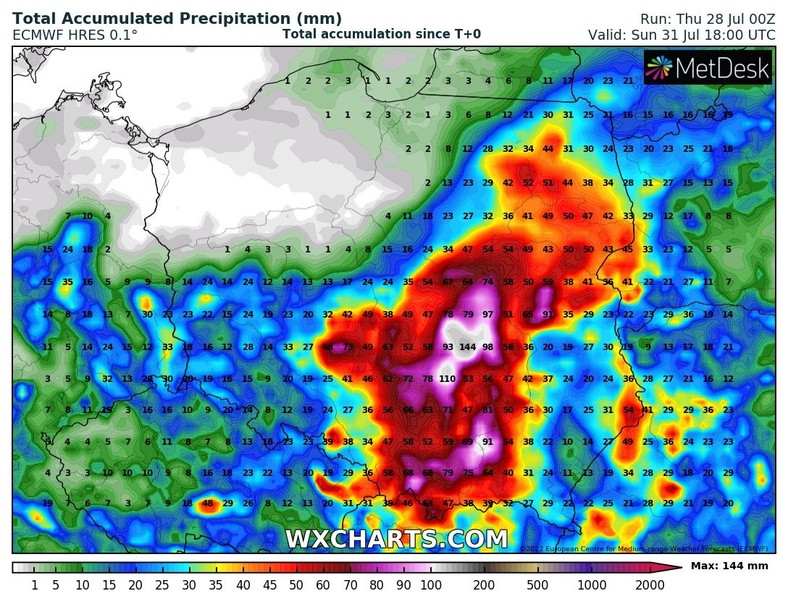 Prognozowane sumy opadów przekraczają 50 mm