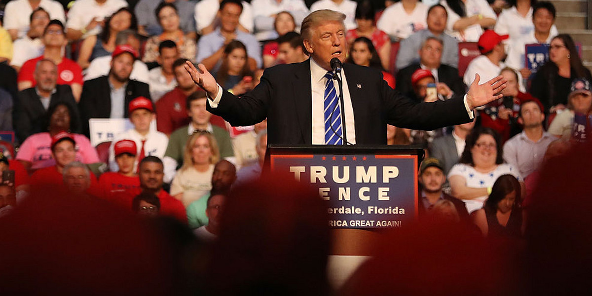 Republican presidential nominee Donald Trump speaks during a campaign event.